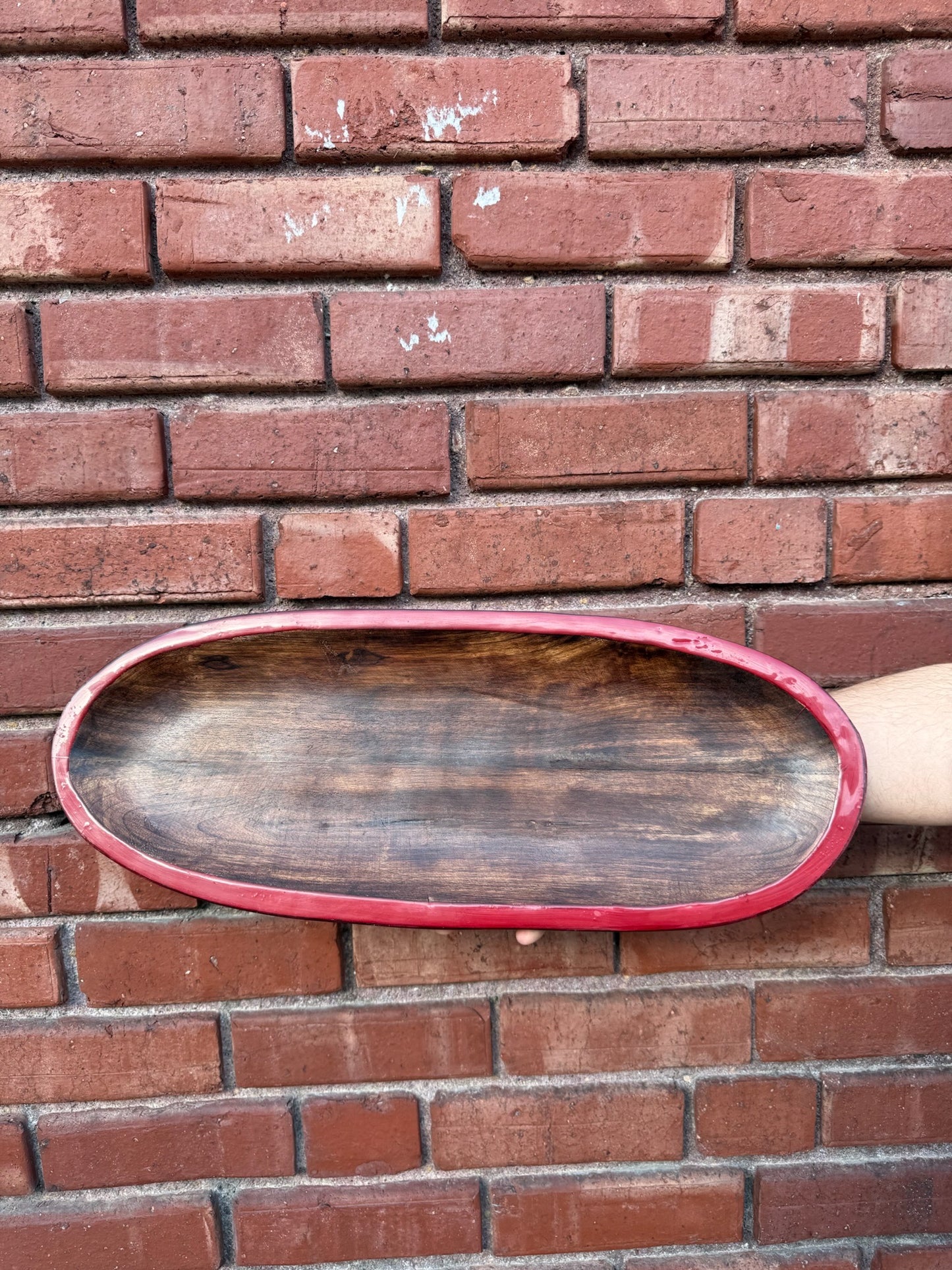Hand-Carved Wood Tray with Red Enamel Edge *local delivery only*