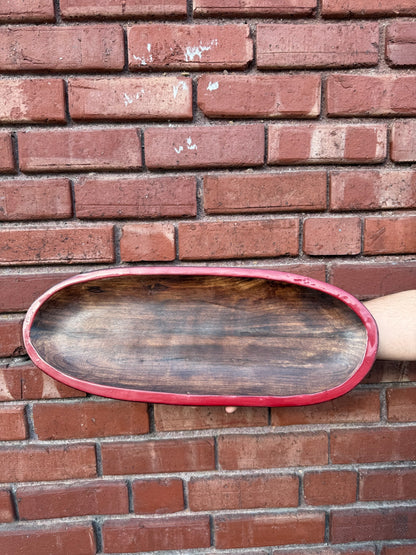 Hand-Carved Wood Tray with Red Enamel Edge *local delivery only*