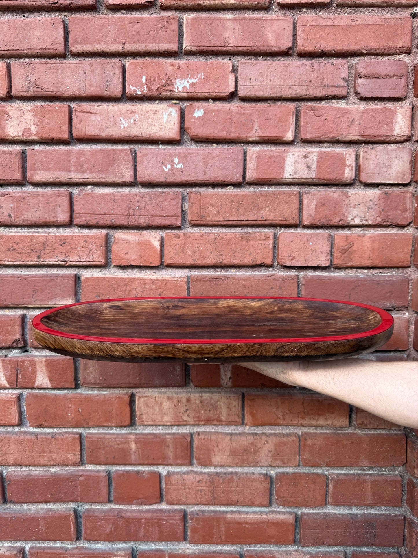 Hand-Carved Wood Tray with Red Enamel Edge *local delivery only*