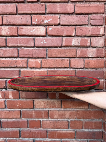 Hand-Carved Wood Tray with Red Enamel Edge *local delivery only*