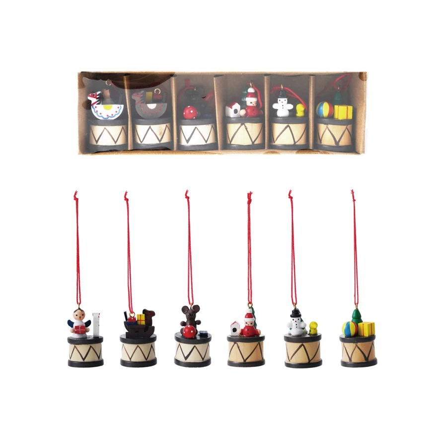 Assorted Wooden Vintage Holiday Drum Ornaments (single)