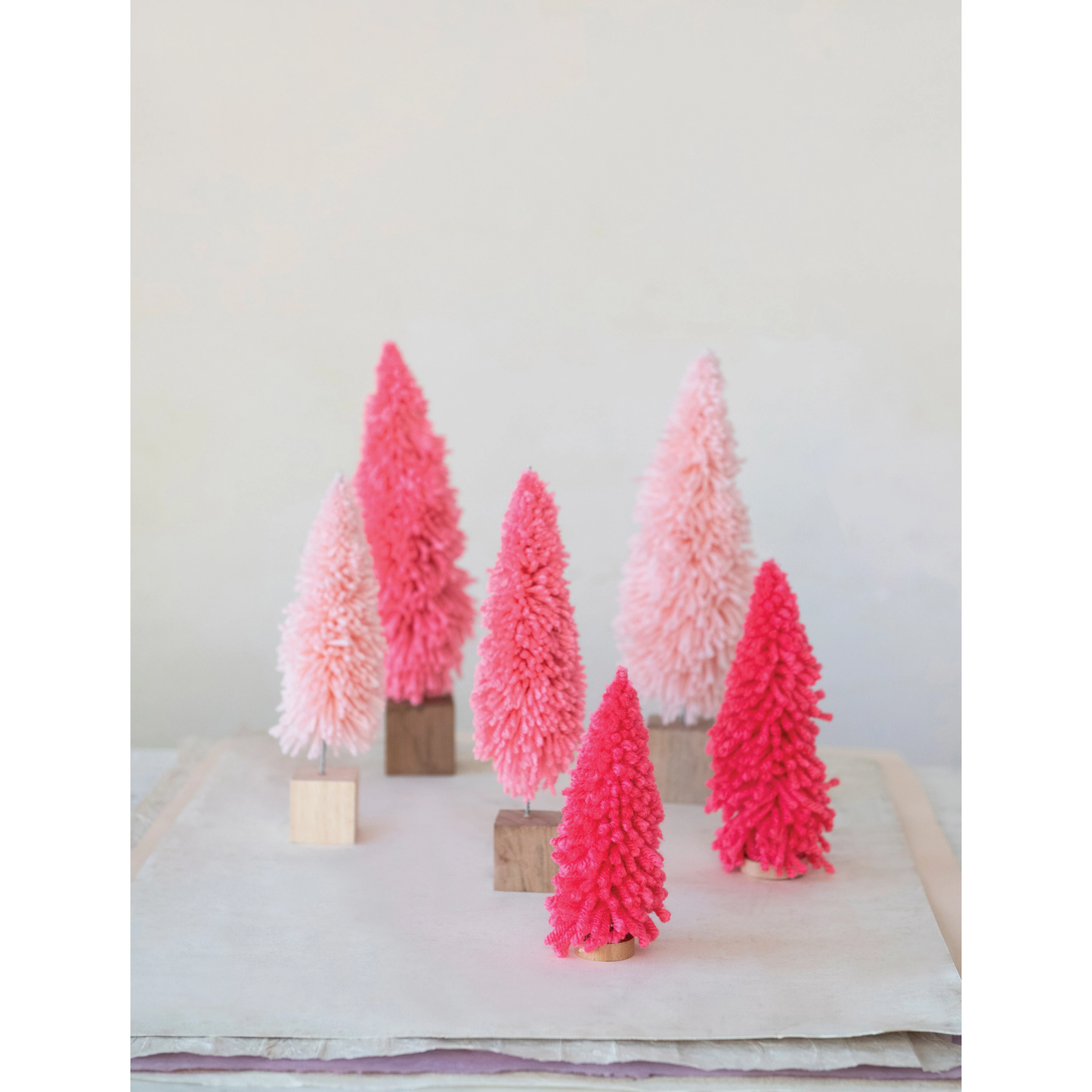 Hot Pink Yarn Holiday Tree with Wood Base 7 inch