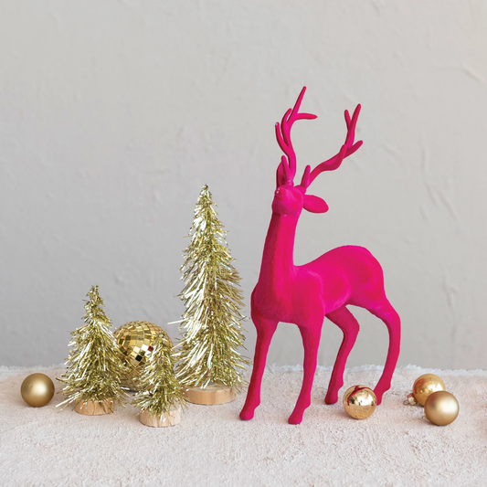Hot Pink Flocked Deer Plastic Figurine