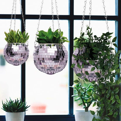 Silver Disco Ball hanging pot 6"